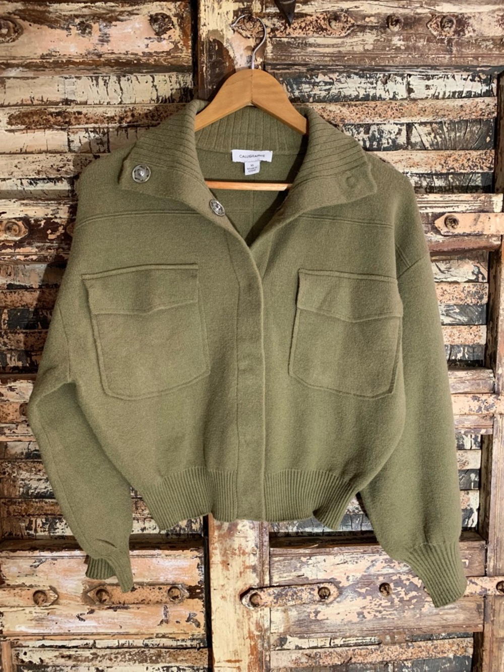 Calligraphie Anthropologie Knit Sweater Bomber Utility Jacket, Olive Green, XS - Picture 2 of 11